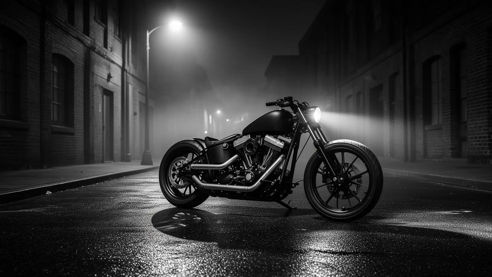 Matte black sport motorcycle on a wet city street at night